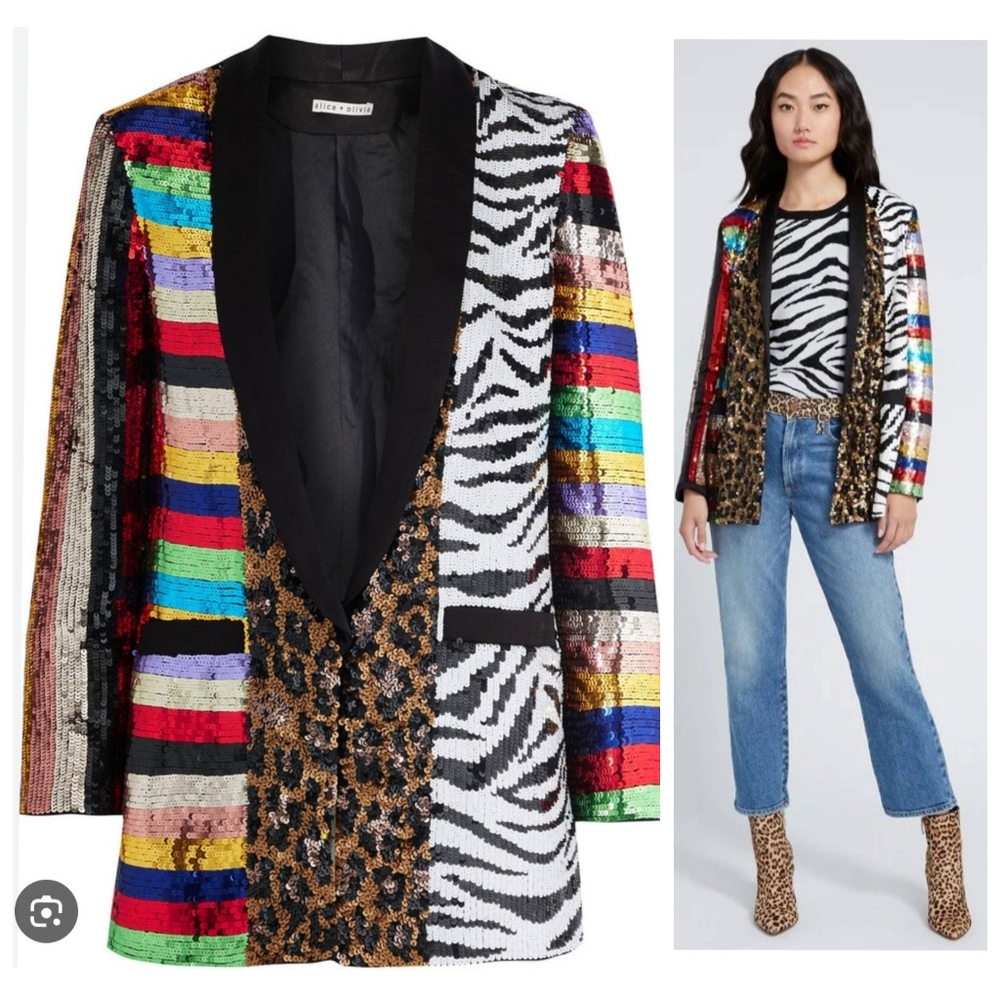 Alice + Olivia Kylie Sequin Patchwork Jacket Size SMALL $995